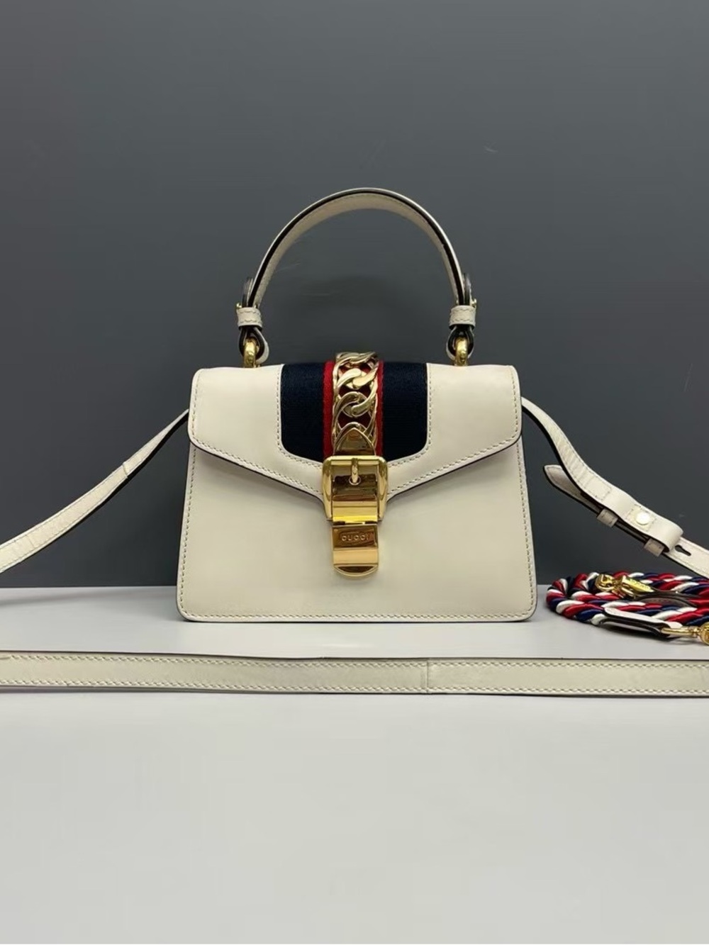 Gucci Cream Leather Top-Handle Satchel with Navy and Red Web